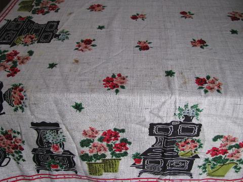 photo of lot of 6 vintage 1950s-60s printed cotton & linen kitchen tablecloths, retro prints! #6