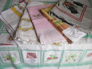 catalog photo of lot of 6 vintage 1950s-60s printed cotton & linen kitchen tablecloths, retro prints!