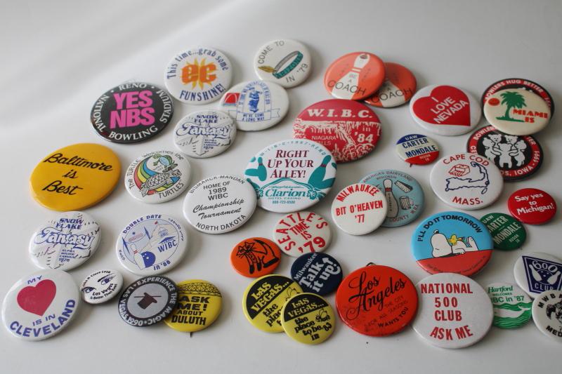 photo of lot of 70s vintage metal pinback buttons, city souvenirs, bowling, political #1