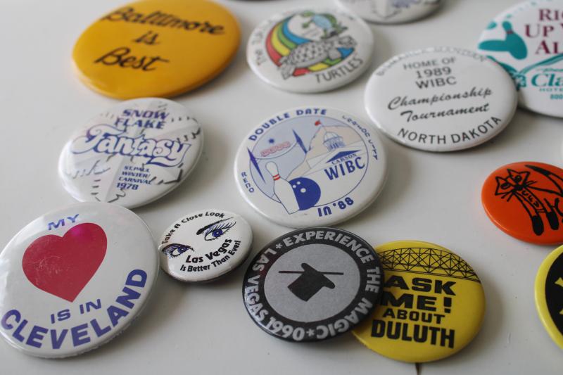 photo of lot of 70s vintage metal pinback buttons, city souvenirs, bowling, political #2