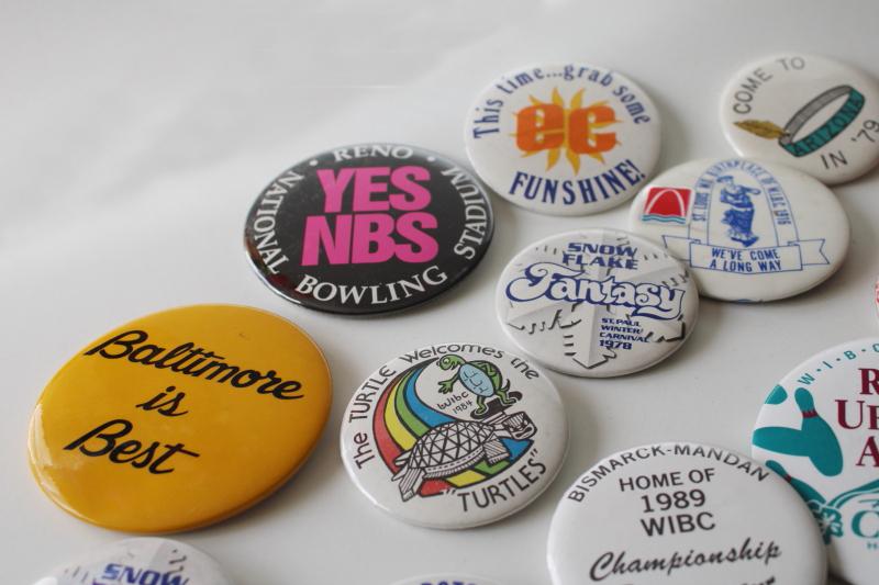 photo of lot of 70s vintage metal pinback buttons, city souvenirs, bowling, political #3