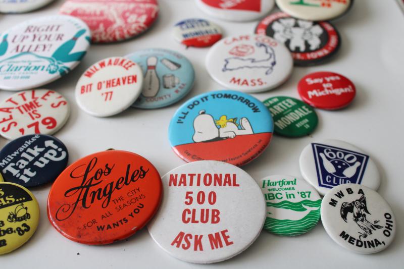 photo of lot of 70s vintage metal pinback buttons, city souvenirs, bowling, political #6