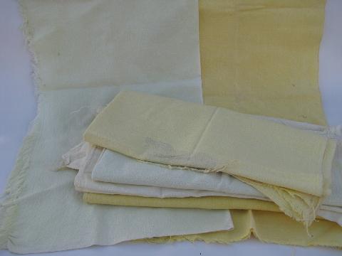 photo of lot of 8 old feed sack bags, vintage cotton fabric seed sacks, some dyed yellow #1