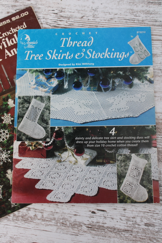 photo of lot of Christmas crochet booklets, crocheted snowflakes, angels, tree skirts, stockings  #4