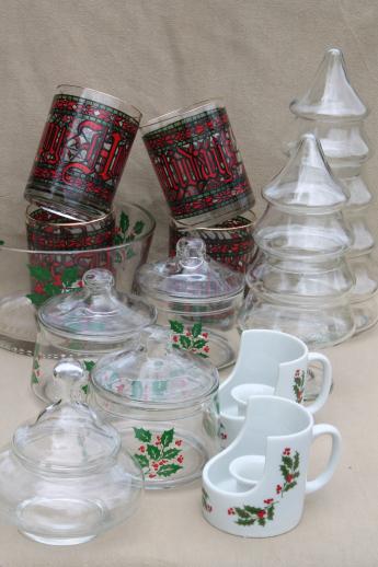 photo of lot of Christmas glassware - Houze glass tumblers, holly candy dishes, Christmas tree jars #1