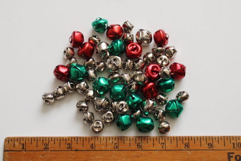 photo of lot of Christmas jingle bells assorted sizes, brass tone, red & green  #1