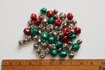 catalog photo of lot of Christmas jingle bells assorted sizes, brass tone, red & green 