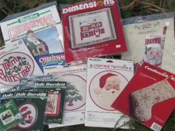 catalog photo of lot of Christmas needlework kits, needlepoint stockings, Christmas ornaments