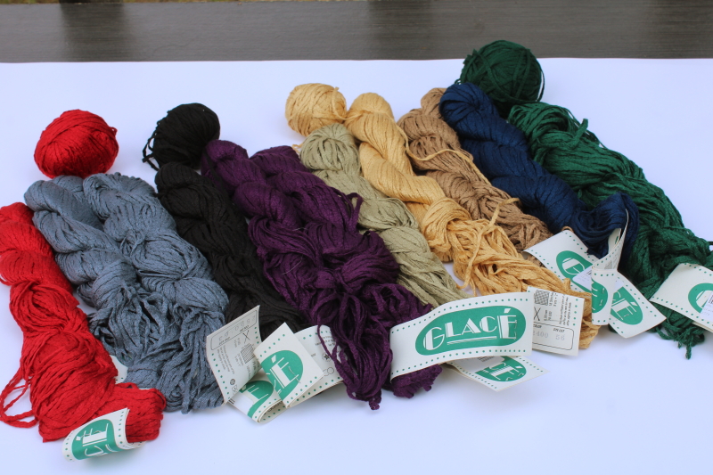 photo of lot of Glace 100% rayon ribbon yarn 10 hanks plus, jewel colors & neutrals  #1