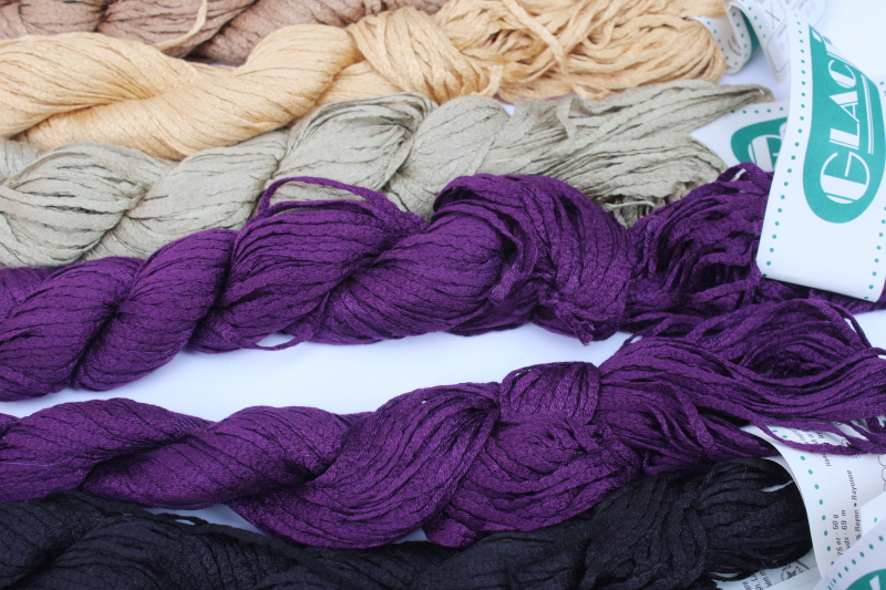 photo of lot of Glace 100% rayon ribbon yarn 10 hanks plus, jewel colors & neutrals  #6