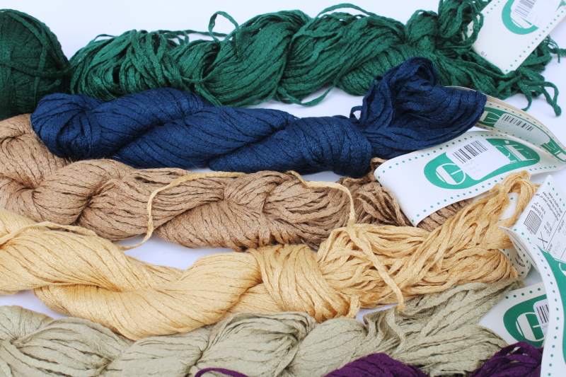 photo of lot of Glace 100% rayon ribbon yarn 10 hanks plus, jewel colors & neutrals  #7