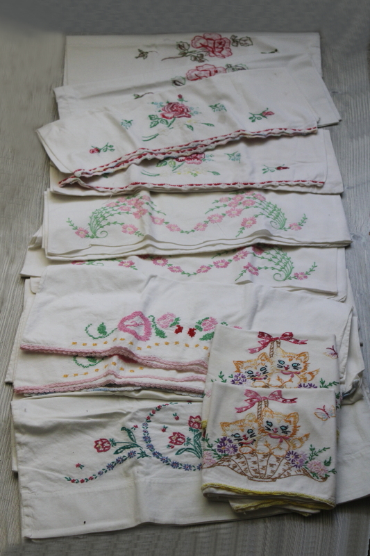 photo of lot of SEVEN pairs vintage cotton pillowcases w/ embroidery & crochet lace edgings, fixer uppers #1