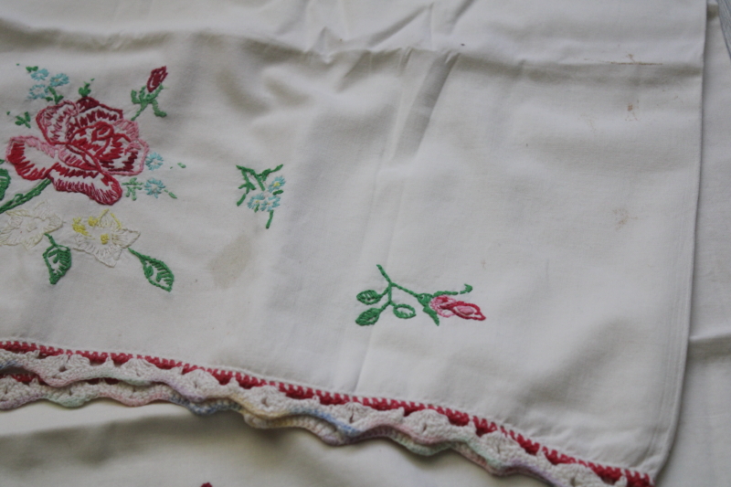 photo of lot of SEVEN pairs vintage cotton pillowcases w/ embroidery & crochet lace edgings, fixer uppers #3