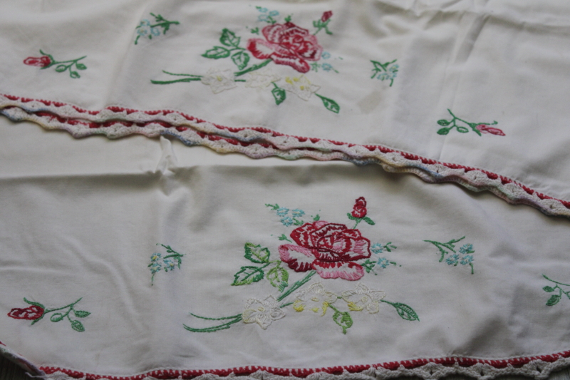 photo of lot of SEVEN pairs vintage cotton pillowcases w/ embroidery & crochet lace edgings, fixer uppers #4