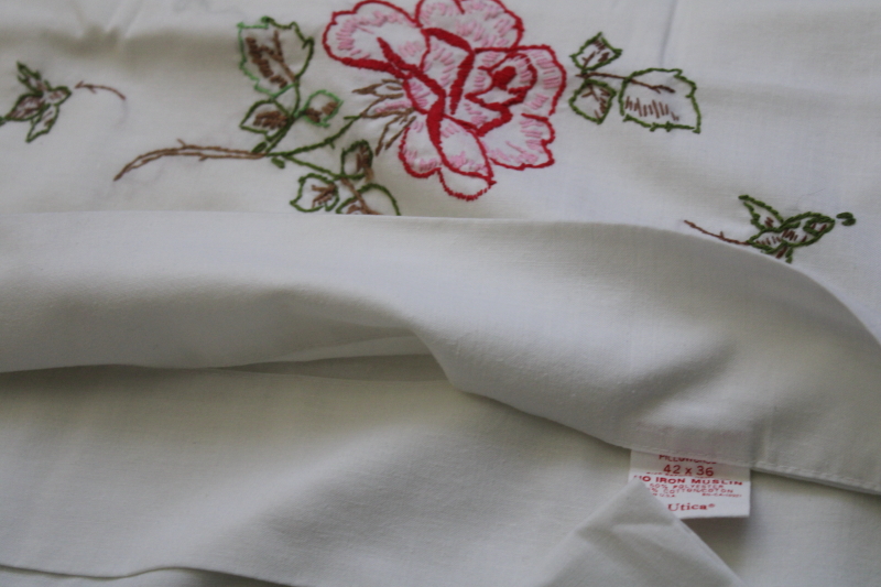 photo of lot of SEVEN pairs vintage cotton pillowcases w/ embroidery & crochet lace edgings, fixer uppers #6