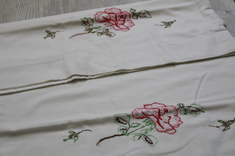 photo of lot of SEVEN pairs vintage cotton pillowcases w/ embroidery & crochet lace edgings, fixer uppers #7