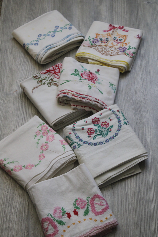 photo of lot of SEVEN pairs vintage cotton pillowcases w/ embroidery & crochet lace edgings, fixer uppers #8