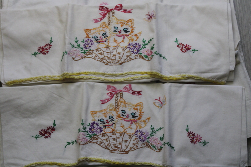 photo of lot of SEVEN pairs vintage cotton pillowcases w/ embroidery & crochet lace edgings, fixer uppers #9