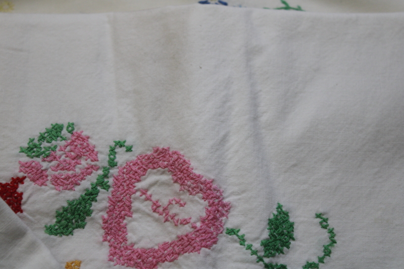 photo of lot of SEVEN pairs vintage cotton pillowcases w/ embroidery & crochet lace edgings, fixer uppers #11