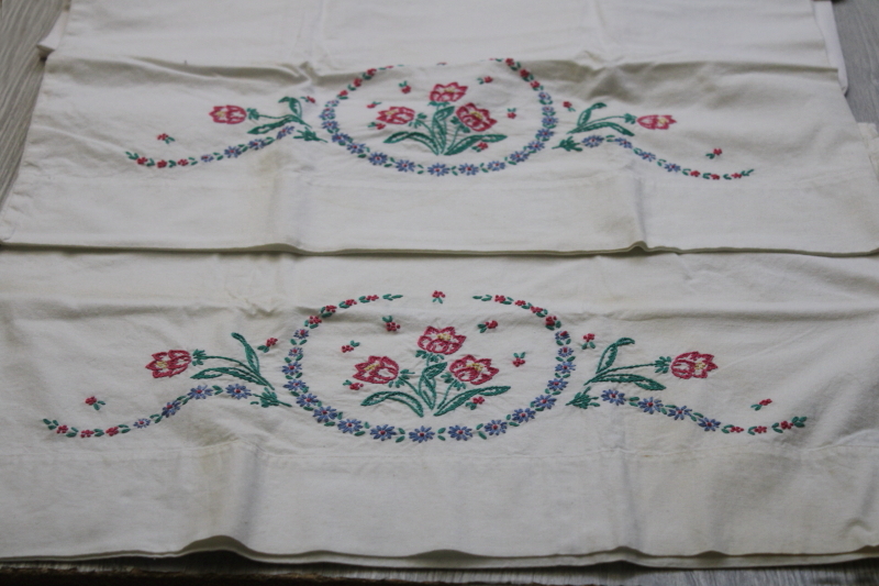 photo of lot of SEVEN pairs vintage cotton pillowcases w/ embroidery & crochet lace edgings, fixer uppers #14