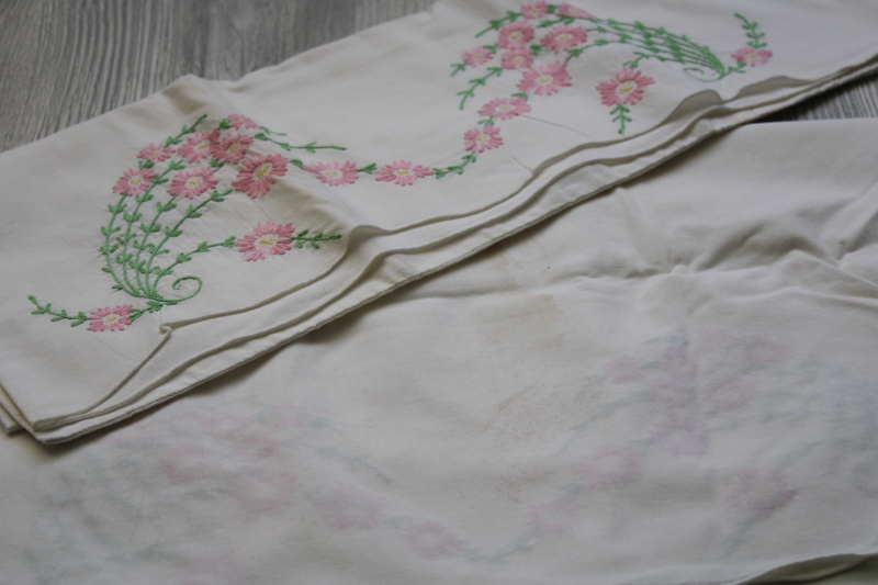 photo of lot of SEVEN pairs vintage cotton pillowcases w/ embroidery & crochet lace edgings, fixer uppers #16