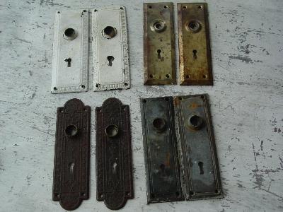 photo of lot of antique Arts and Crafts doorknob escutcheon backplates #1