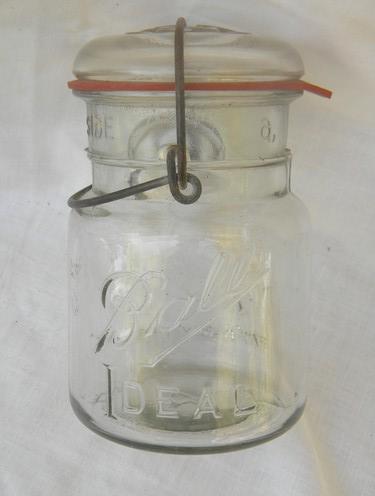 photo of lot of antique Ball Ideal canisters jars w/lightning lids and 1908 patent #3