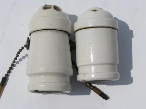 photo of lot of antique architectural white porcelain pendant light/lamp sockets w/pull chains #1