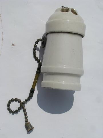 photo of lot of antique architectural white porcelain pendant light/lamp sockets w/pull chains #2