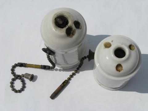 photo of lot of antique architectural white porcelain pendant light/lamp sockets w/pull chains #4