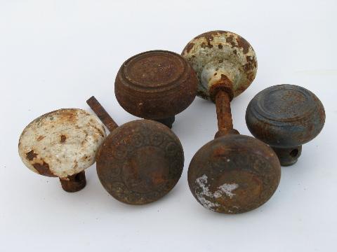 photo of lot of antique arts and crafts architectural salvage, ornate eastlake vintage cast iron door knobs #1