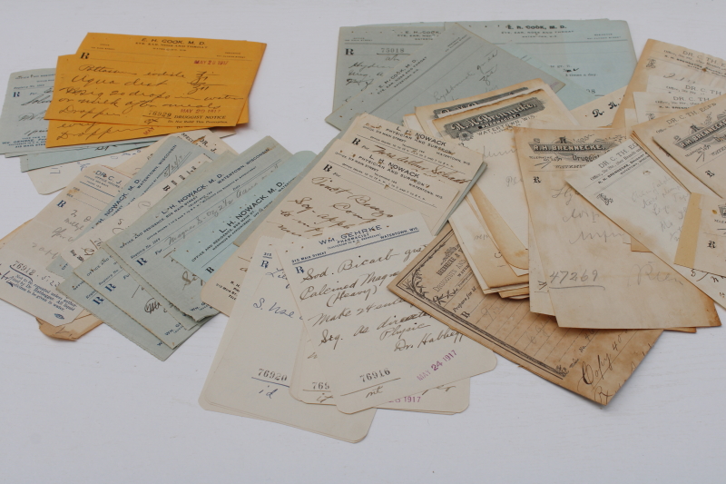 photo of lot of antique handwritten medicine prescriptions, pharmacy drugstore & doctor's letterheads, early 1900s vintage #1
