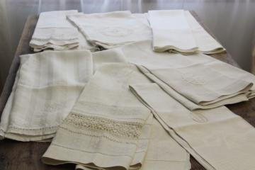 catalog photo of lot of antique linen damask bath towels, embroidered monograms & lace, drawn thread