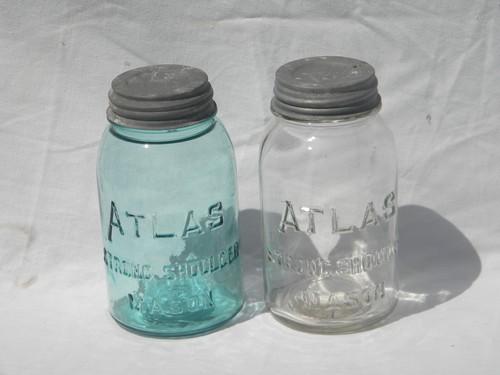 photo of lot of antique mason jars for kitchen storage canisters, aqua blue #1