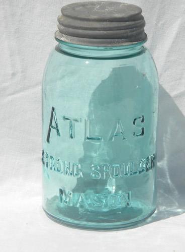 photo of lot of antique mason jars for kitchen storage canisters, aqua blue #3