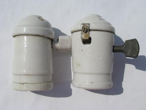 photo of lot of antique porcelain shell electric pendant light/lamp sockets w/turn key paddle switches #1