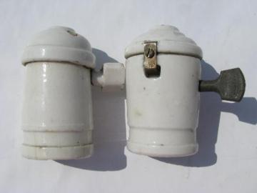 catalog photo of lot of antique porcelain shell electric pendant light/lamp sockets w/turn key paddle switches