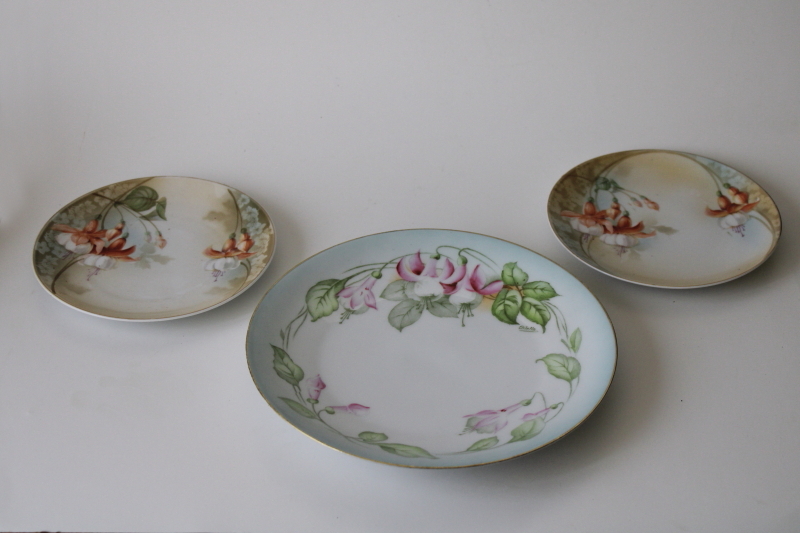 photo of lot of antique vintage hand painted china plates, garden flowers all fuchsias #1