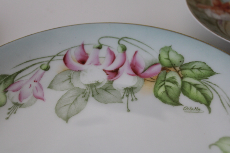 photo of lot of antique vintage hand painted china plates, garden flowers all fuchsias #2