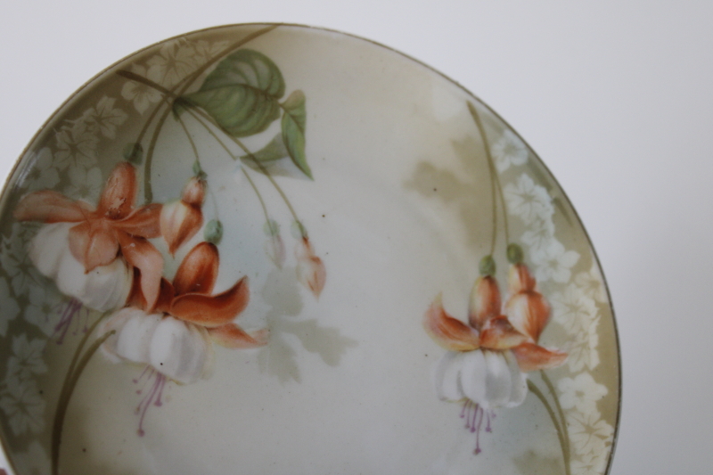 photo of lot of antique vintage hand painted china plates, garden flowers all fuchsias #3