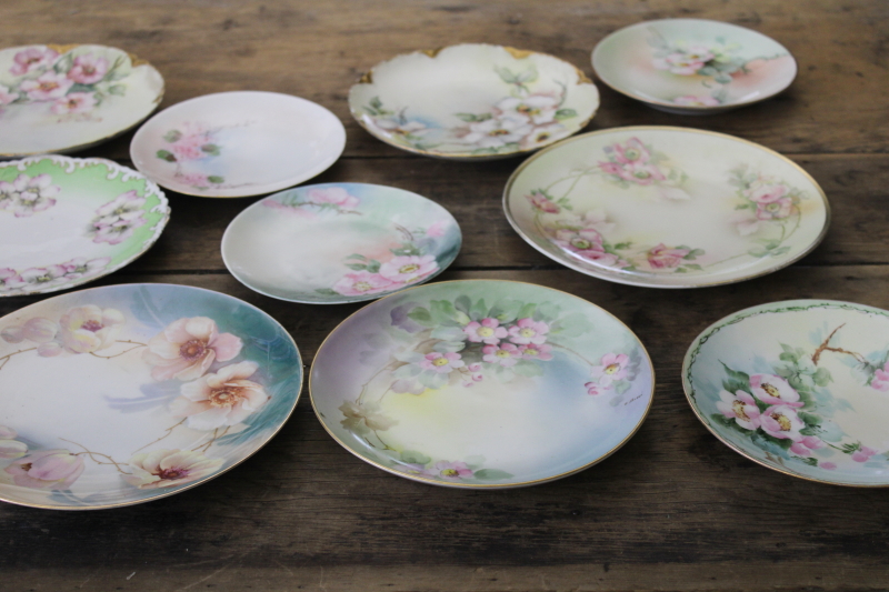 photo of lot of antique & vintage hand painted china plates, wild rose roses florals, romantic cottage chic #1