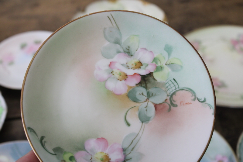 photo of lot of antique & vintage hand painted china plates, wild rose roses florals, romantic cottage chic #3