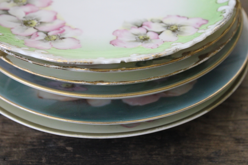 photo of lot of antique & vintage hand painted china plates, wild rose roses florals, romantic cottage chic #9