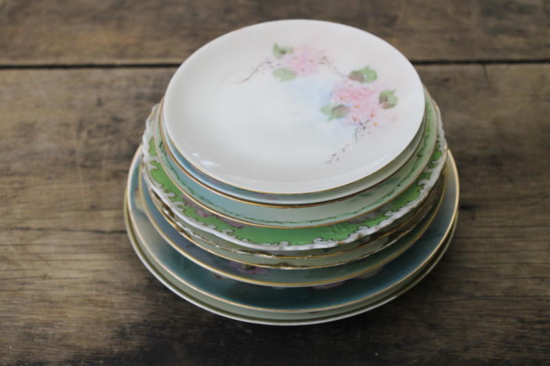 photo of lot of antique & vintage hand painted china plates, wild rose roses florals, romantic cottage chic #11