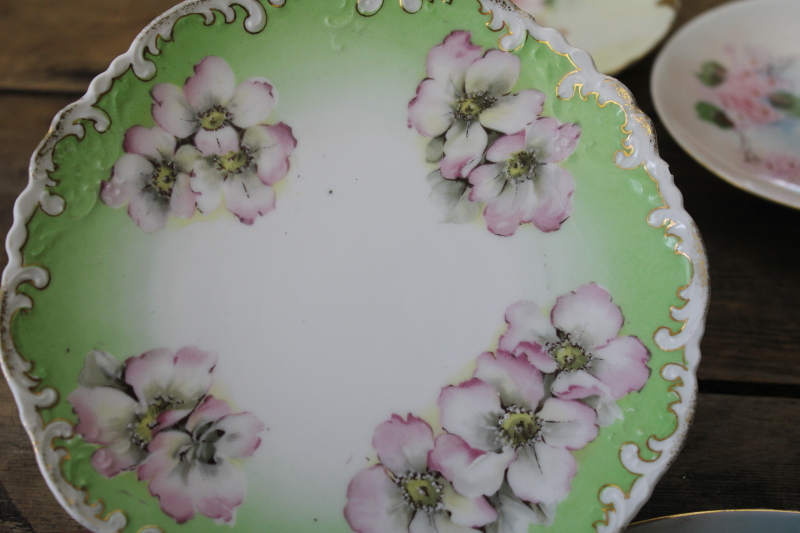 photo of lot of antique & vintage hand painted china plates, wild rose roses florals, romantic cottage chic #13