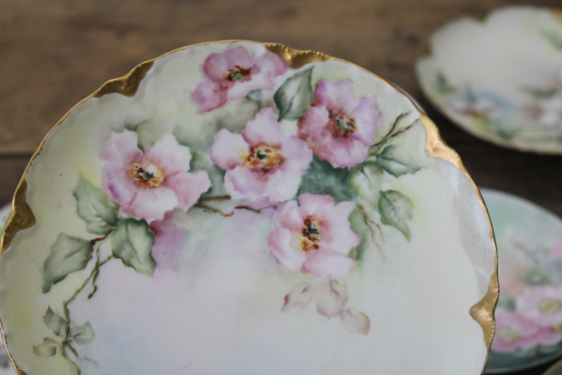 photo of lot of antique & vintage hand painted china plates, wild rose roses florals, romantic cottage chic #14