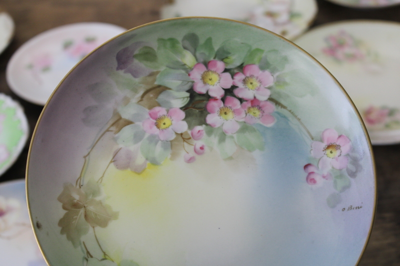 photo of lot of antique & vintage hand painted china plates, wild rose roses florals, romantic cottage chic #17