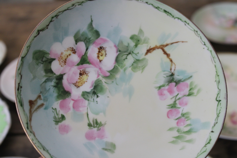 photo of lot of antique & vintage hand painted china plates, wild rose roses florals, romantic cottage chic #18