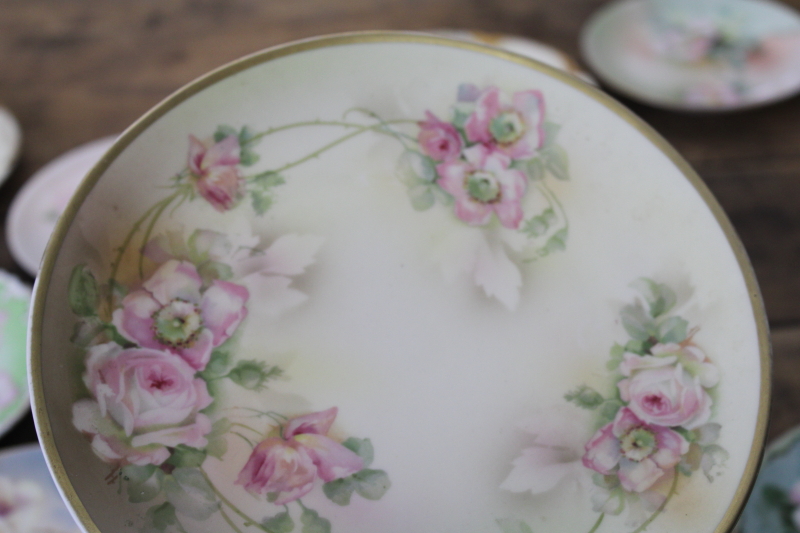 photo of lot of antique & vintage hand painted china plates, wild rose roses florals, romantic cottage chic #19