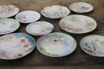 catalog photo of lot of antique & vintage hand painted china plates, wild rose roses florals, romantic cottage chic